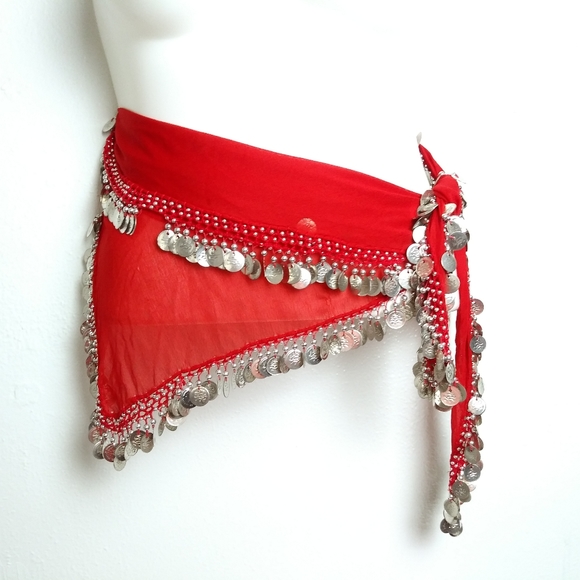 Bally Dance Scarf Hips Wrap Red Chiffon Coin  61"×29 - Picture 1 of 6